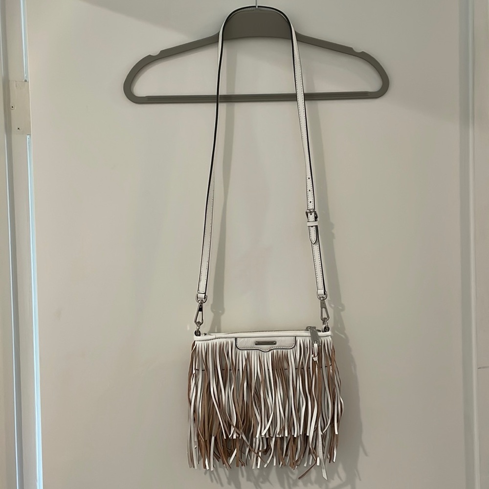 Rebecca Minkoff cream and tan leather fringe crossbody bag